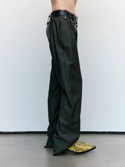 Dark Green Leather & Wool Zip Chap Tailored Trouser