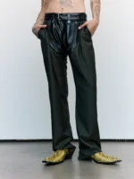 Dark Green Leather & Wool Zip Chap Tailored Trouser