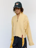 Beige Cream Wool Cropped Cable Half Zip