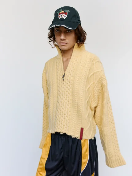 Beige Cream Wool Cropped Cable Half Zip