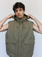 Beige Khaki Nylon Reversible Fur Gilet