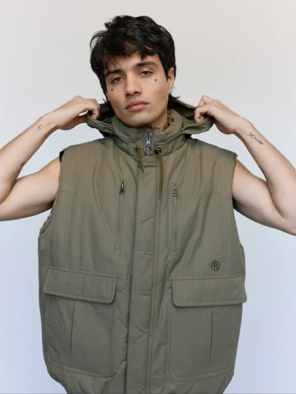 Beige Khaki Nylon Reversible Fur Gilet